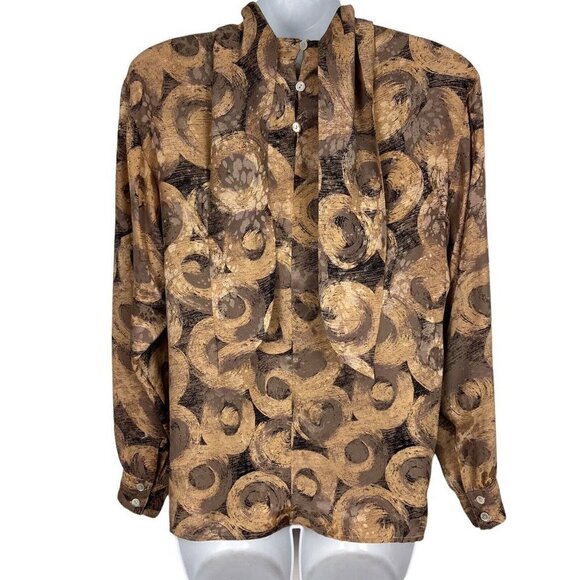 Vintage Pura Seta Silk Secretary Blouse 6 Bronze Swirls Satin Bow High Neck - Picture 5 of 6